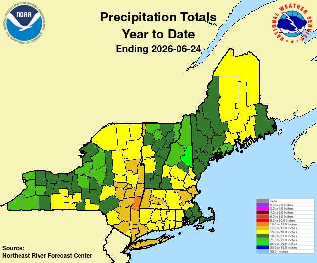 May be an image of map and text that says 'NORA ن CEMANIO EATИ Precipitation Totals Year to Date Ending 2026-06-24 Source: Northeast River Forecast Center 2.0 0.0102.0Iches Inches 401060Iches 4.0 H 010g O 100 1 P120 150M 5.0t18.0lnches Ldnes 100250W 0lnche O 25.000 300m350lnc 35.0+bnches' May be an image of map and text that says 'NORA ن CEMANIO EATИ Precipitation Totals Year to Date Ending 2026-06-24 Source: Northeast River Forecast Center 2.0 0.0102.0Iches Inches 401060Iches 4.0 H 010g O 100 1 P120 150M 5.0t18.0lnches Ldnes 100250W 0lnche O 25.000 300m350lnc 35.0+bnches'