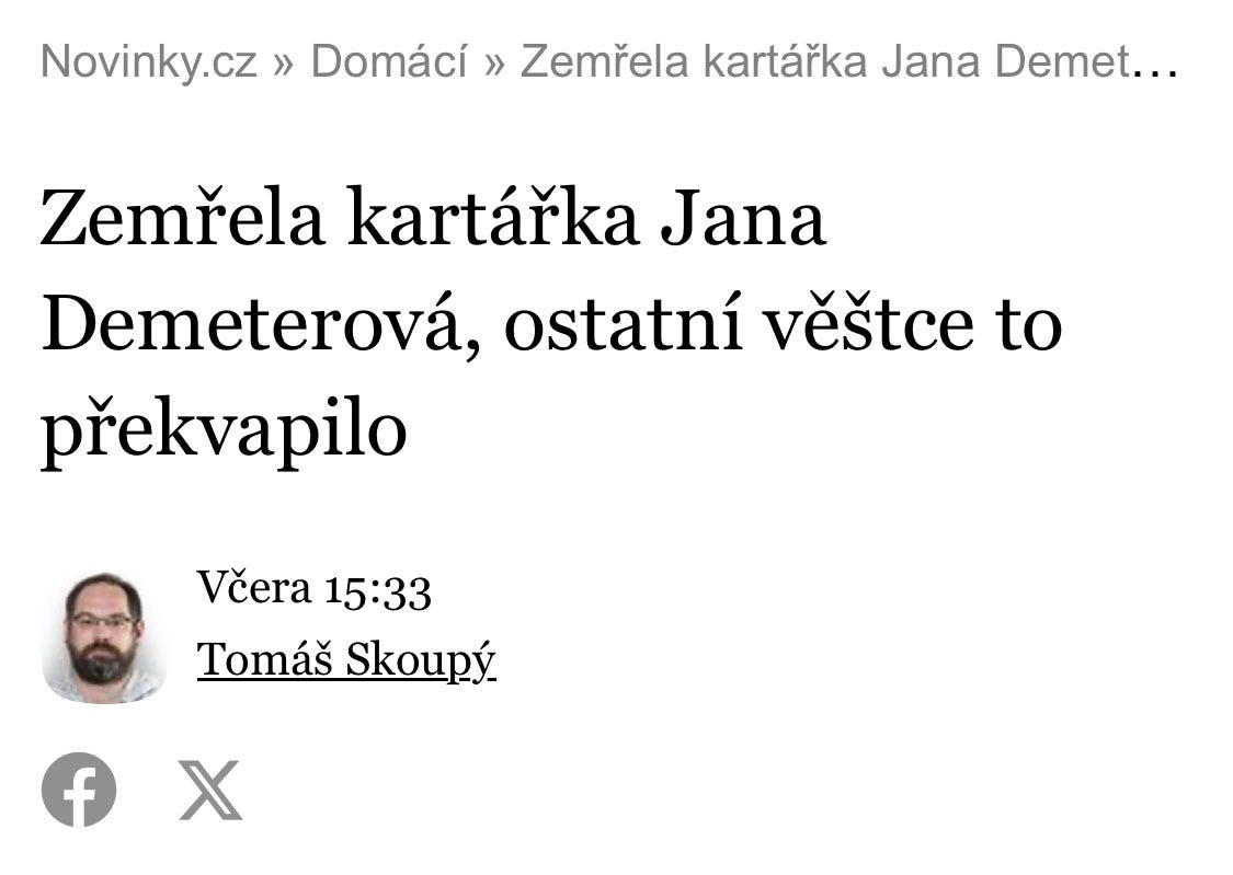 Článek: "Zemřela kartářka Jana Demeterová, ostatní věštce to překvapilo"