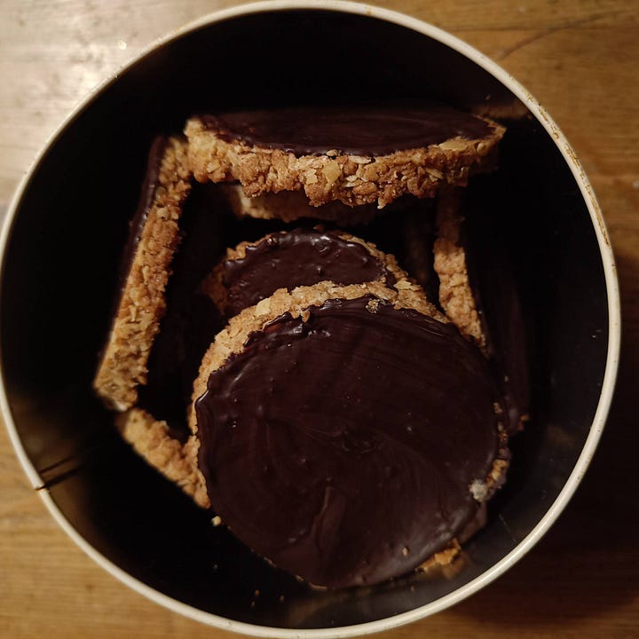 A tin of homemade choclate and oat biscuits and a handknitted owl sitting in the branches of a tree