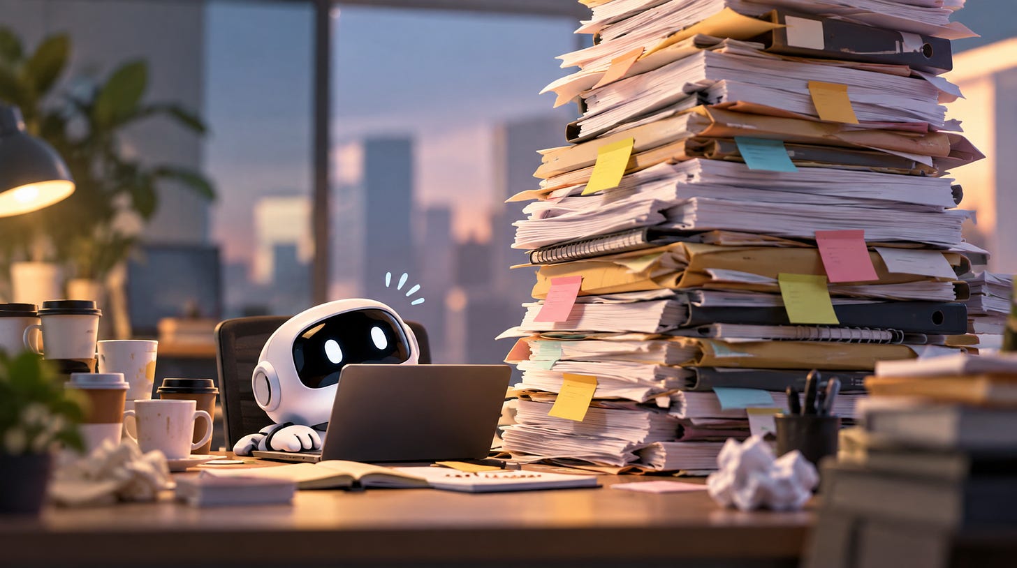 A small robot assistant at a laptop beside a towering stack of paperwork and folders, illustrating expanding workloads and scope creep. A small robot assistant at a laptop beside a towering stack of paperwork and folders, illustrating expanding workloads and scope creep.