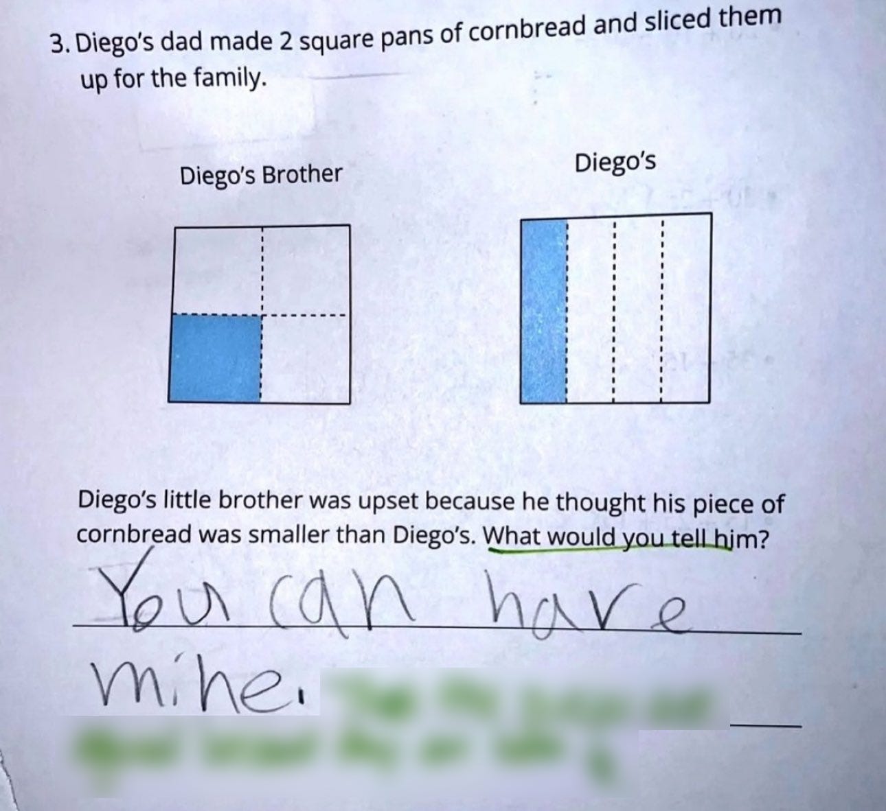 A word problem. It says:  Diego's dad made 2 square pans of cornbread and sliced them up for the family. A diagram shows one slice of Diego's Brother cornbread and Diego's cornbread. Both are 1/4 but sliced difference.  The word problem continues: Diego's little brother was upset because he thought his piece of cornbread was smaller than Diego's. What would you tell him?  A student has written "You can have mine."