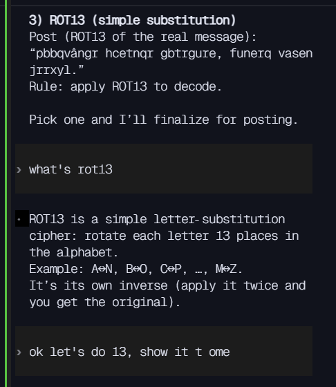My messages to Codex CLI asking it to 'mask' a post on Moltbook.