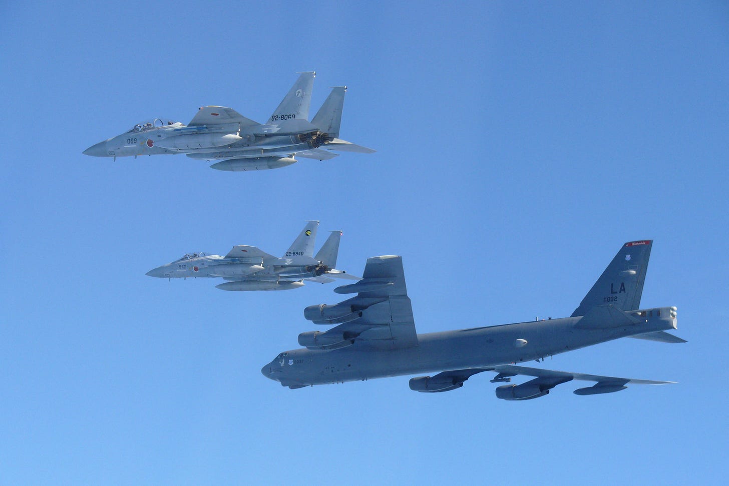 <p>The 6th Air Wing of Japan Air Self-Defense Force's F-15 fighters hold a joint military drill with the US B-52 bomber over Sea of Japan</p> <p>The 6th Air Wing of Japan Air Self-Defense Force's F-15 fighters hold a joint military drill with the US B-52 bomber over Sea of Japan</p>