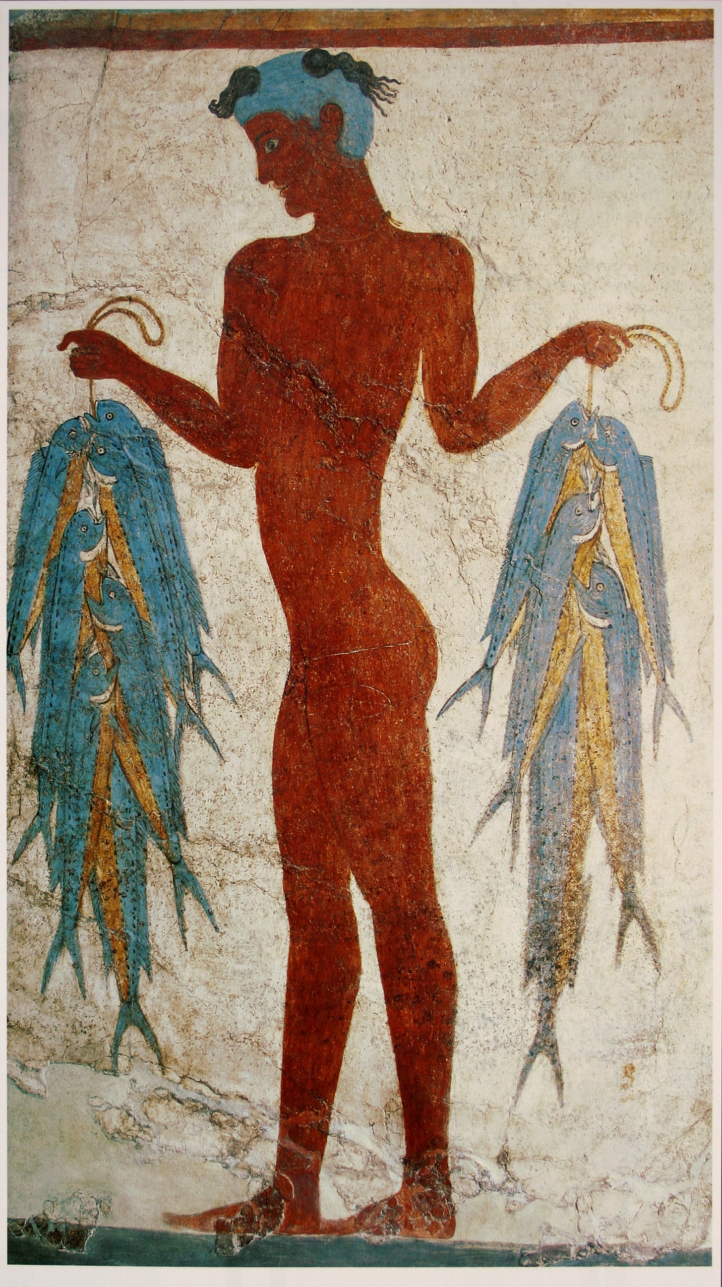 Minoan fresco of a naked dark-skinned young man with a shaved head, holding up two strings of mahi fish.