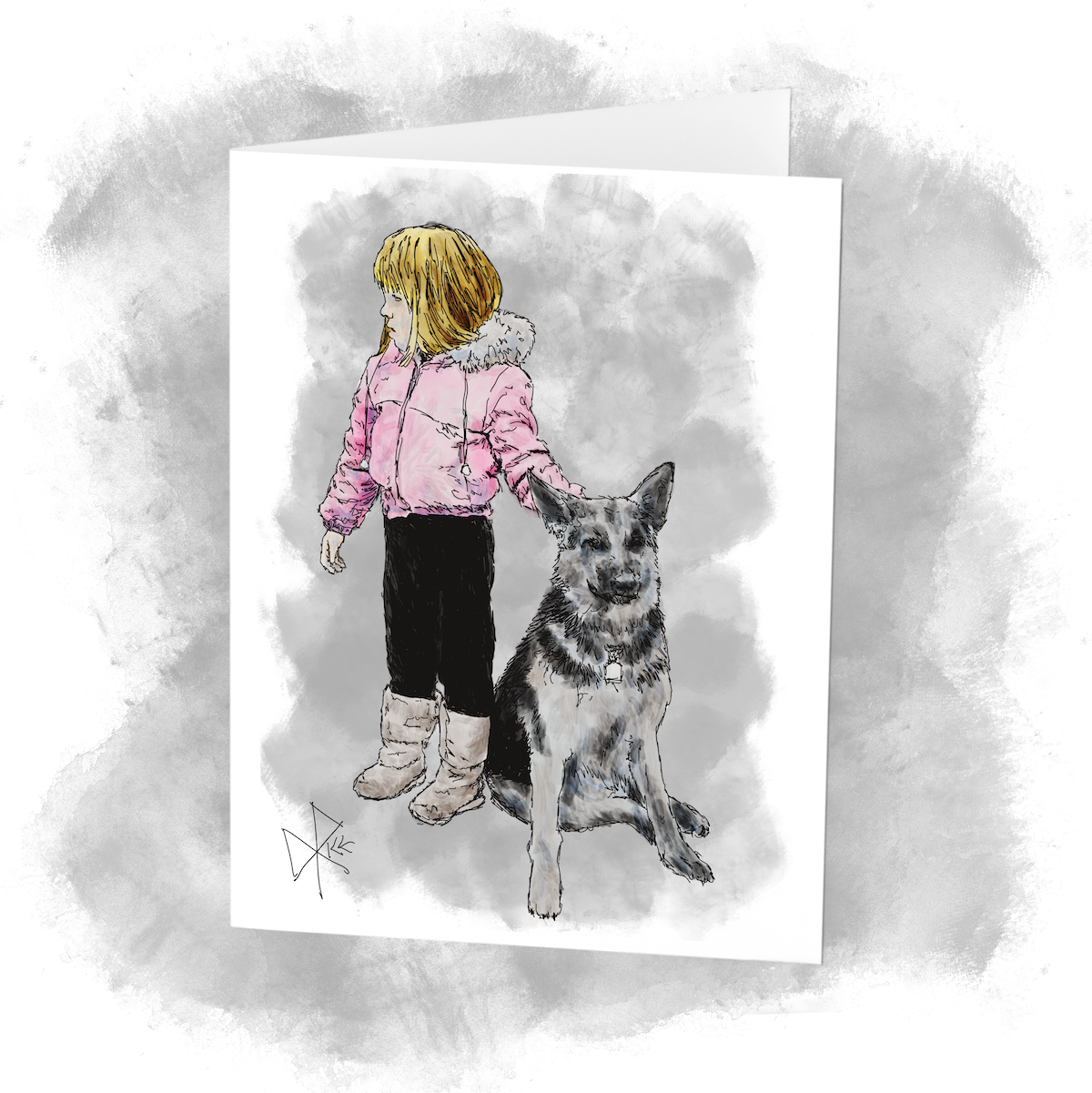 A young girl in a pink coat and winter boots, holding the collar of a seated German Shepherd dog. Sketch art by Don Rice.