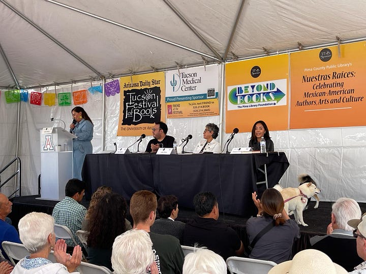 Henry Barajas at the Tucson Festival of Books "Tucsones Voces" panel at the Nuertras Raices stage on the U of A Mall.