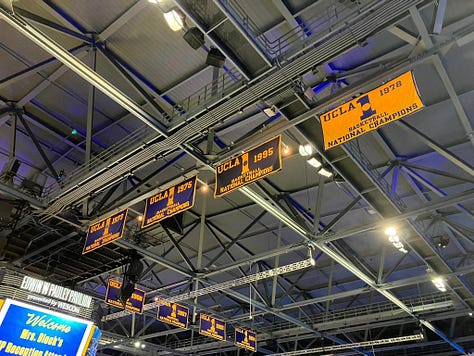 Images of UCLA, Pauley Pavillon, and NCAA Championship banners