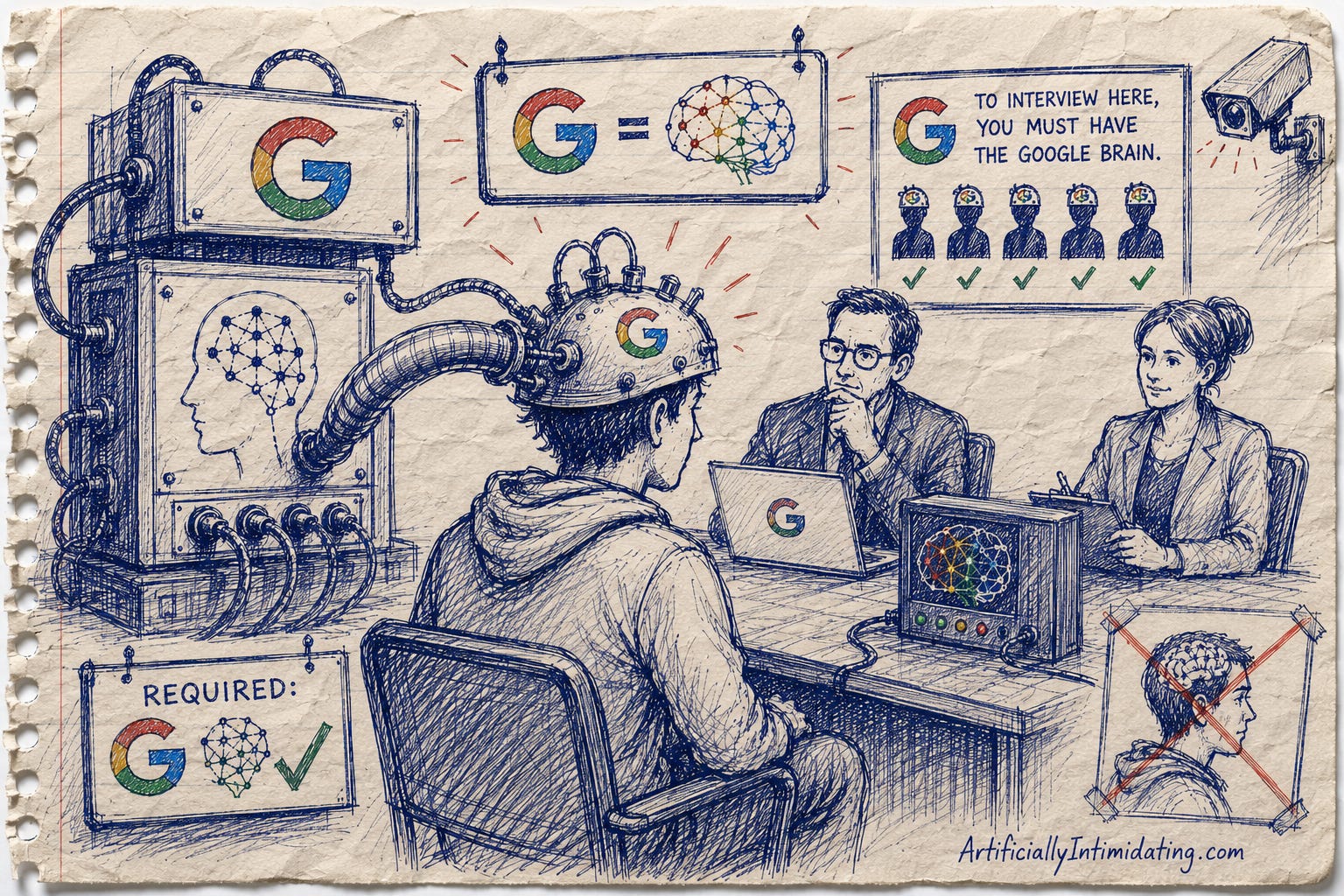 Hand-drawn editorial sketch on crumpled notebook paper showing a software engineer in a Google job interview wearing a brain-connected AI helmet plugged into a large machine with Google-colored accents. Two interviewers sit across the table while signs around the room imply the AI-assisted “Google Brain” is now required for hiring. The illustration uses loose blue ink lines with small red and green highlights and includes the signature “ArtificiallyIntimidating.com.”