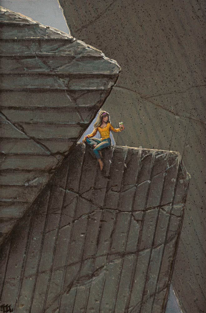 A woman with phone in hand sits on a monolithic slab of concrete. The stone is striped with vertical lines and weathered across with cracks. The woman is perched at the top with one leg up, resting on the ledge, while she turns her body. It isn't clear whether she's taking a selfie or holding the phone out to check her reception. Another slab intrudes on the scene leaning in diagonally from the left. The stripes on this one run horizontally. A third slab angles opposite in the background. A woman with phone in hand sits on a monolithic slab of concrete. The stone is striped with vertical lines and weathered across with cracks. The woman is perched at the top with one leg up, resting on the ledge, while she turns her body. It isn't clear whether she's taking a selfie or holding the phone out to check her reception. Another slab intrudes on the scene leaning in diagonally from the left. The stripes on this one run horizontally. A third slab angles opposite in the background.