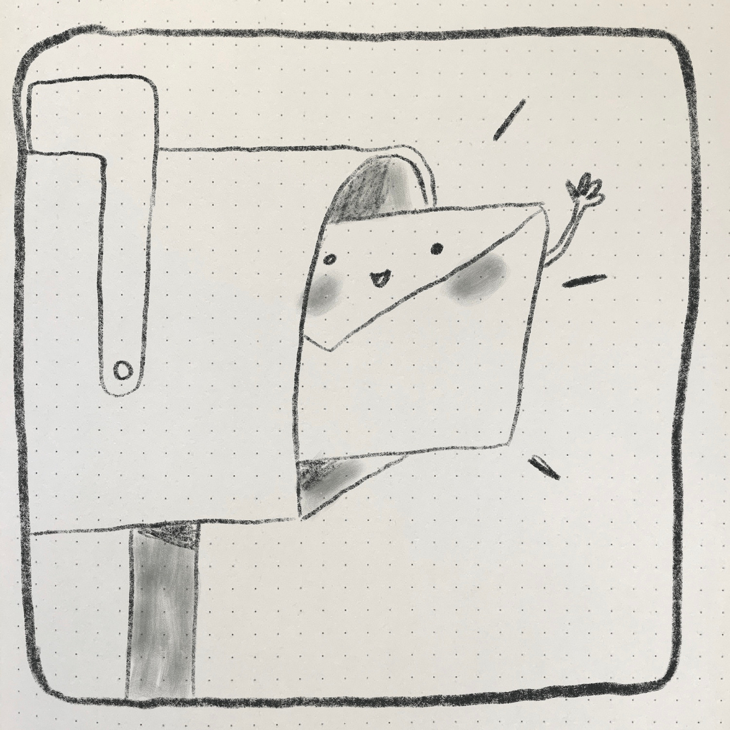 A drawing of a mailbox with a happy anthopromorphized letter poking out and waving.