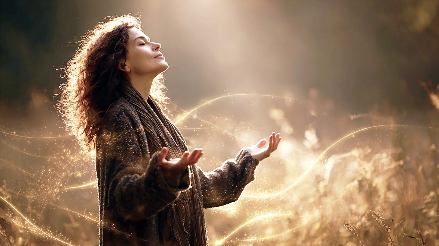 A person standing in a sunlit meadow with their eyes closed, palms open toward the sky, surrounded by glowing threads of light returning to them, warm golden tones, soft breeze, emotionally uplifting, peaceful and joyful atmosphere