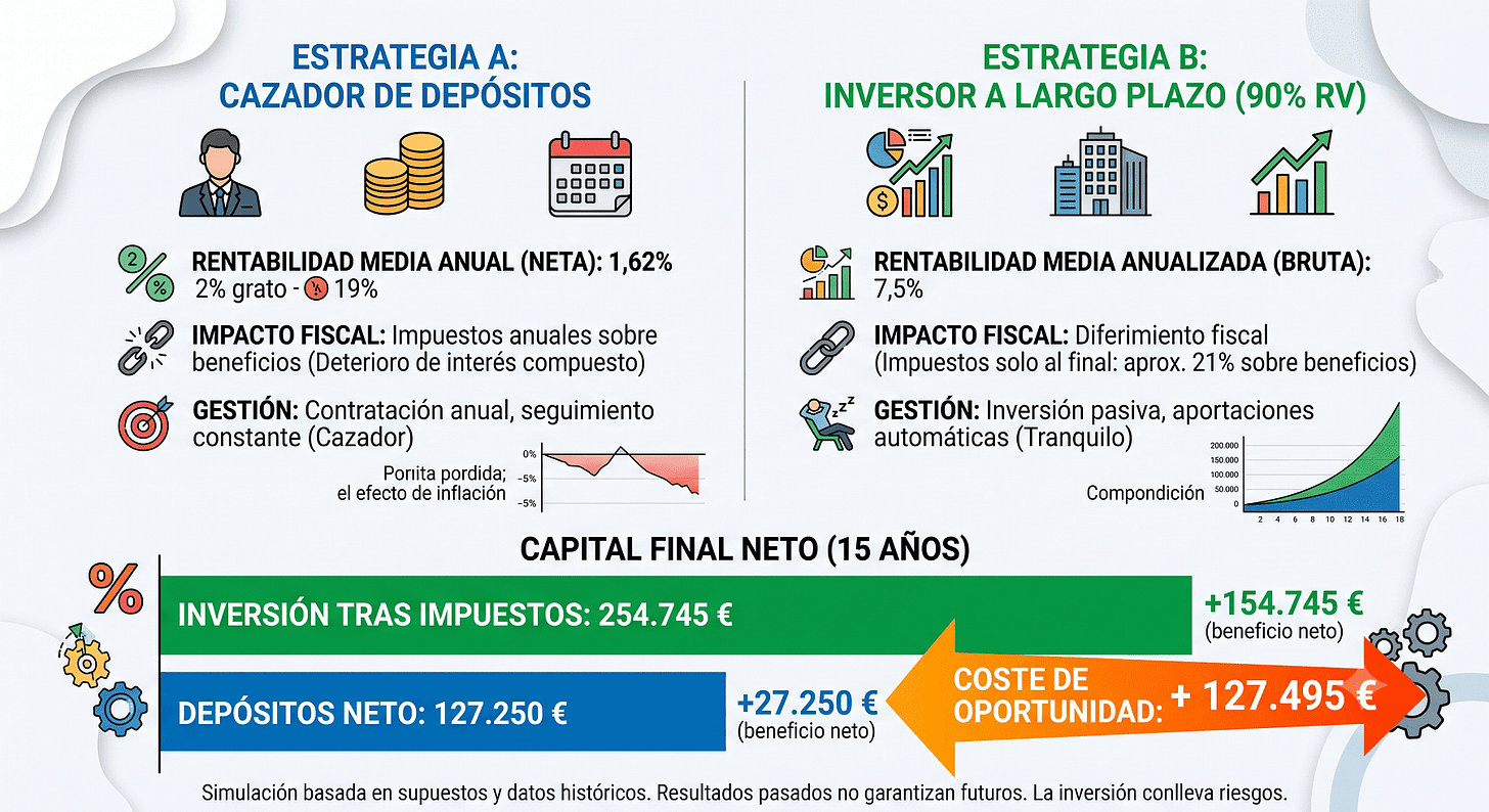 Una infografía financiera comparativa en estilo vector que detalla dos estrategias de ahorro e inversión a lo largo de 15 años, partiendo de un capital base de 100.000 €. El título es "COMPARATIVA A 15 AÑOS: DEPÓSITOS vs. INVERSIÓN (90% Renta Variable)". La imagen está dividida en dos columnas. La columna de la izquierda, en azul, describe la "ESTRATEGIA A: CAZADOR DE DEPÓSITOS", mostrando iconos de un banquero, monedas y un calendario, con datos clave: "Rentabilidad Media Anual (Neta): 1,62%", "Impacto Fiscal: Impuestos anuales sobre beneficios (Deterioro de interés compuesto)", "Gestión: Contratación anual, seguimiento constante (Cazador)". Incluye un pequeño gráfico de pérdida de poder adquisitivo por inflación. La columna de la derecha, en verde, describe la "ESTRATEGIA B: INVERSOR A LARGO PLAZO (90% RV)", con iconos de una cartera diversificada, edificios y un gráfico ascendente, con datos clave: "Rentabilidad Media Anualizada (Bruta): 7,5%", "Impacto Fiscal: Diferimiento fiscal (Impuestos solo al final: aprox. 21% sobre beneficios)", "Gestión: Inversión pasiva, aportaciones automáticas (Tranquilo)". Incluye un pequeño gráfico de crecimiento por interés compuesto. En la parte inferior, un gráfico de capital final neto contrasta los resultados con dos barras horizontales: una barra verde larga para "INVERSIÓN TRAS IMPUESTOS: 254.745 €" con "+154.745 €" de beneficio neto, y una barra azul corta para "DEPÓSITOS NETO: 127.250 €" con "+27.250 €" de beneficio neto. Una gran flecha naranja conecta ambas barras y destaca un "COSTE DE OPORTUNIDAD: + 127.495 €". Pequeños iconos de engranajes y símbolos de porcentaje están integrados. Una infografía financiera comparativa en estilo vector que detalla dos estrategias de ahorro e inversión a lo largo de 15 años, partiendo de un capital base de 100.000 €. El título es "COMPARATIVA A 15 AÑOS: DEPÓSITOS vs. INVERSIÓN (90% Renta Variable)". La imagen está dividida en dos columnas. La columna de la izquierda, en azul, describe la "ESTRATEGIA A: CAZADOR DE DEPÓSITOS", mostrando iconos de un banquero, monedas y un calendario, con datos clave: "Rentabilidad Media Anual (Neta): 1,62%", "Impacto Fiscal: Impuestos anuales sobre beneficios (Deterioro de interés compuesto)", "Gestión: Contratación anual, seguimiento constante (Cazador)". Incluye un pequeño gráfico de pérdida de poder adquisitivo por inflación. La columna de la derecha, en verde, describe la "ESTRATEGIA B: INVERSOR A LARGO PLAZO (90% RV)", con iconos de una cartera diversificada, edificios y un gráfico ascendente, con datos clave: "Rentabilidad Media Anualizada (Bruta): 7,5%", "Impacto Fiscal: Diferimiento fiscal (Impuestos solo al final: aprox. 21% sobre beneficios)", "Gestión: Inversión pasiva, aportaciones automáticas (Tranquilo)". Incluye un pequeño gráfico de crecimiento por interés compuesto. En la parte inferior, un gráfico de capital final neto contrasta los resultados con dos barras horizontales: una barra verde larga para "INVERSIÓN TRAS IMPUESTOS: 254.745 €" con "+154.745 €" de beneficio neto, y una barra azul corta para "DEPÓSITOS NETO: 127.250 €" con "+27.250 €" de beneficio neto. Una gran flecha naranja conecta ambas barras y destaca un "COSTE DE OPORTUNIDAD: + 127.495 €". Pequeños iconos de engranajes y símbolos de porcentaje están integrados.