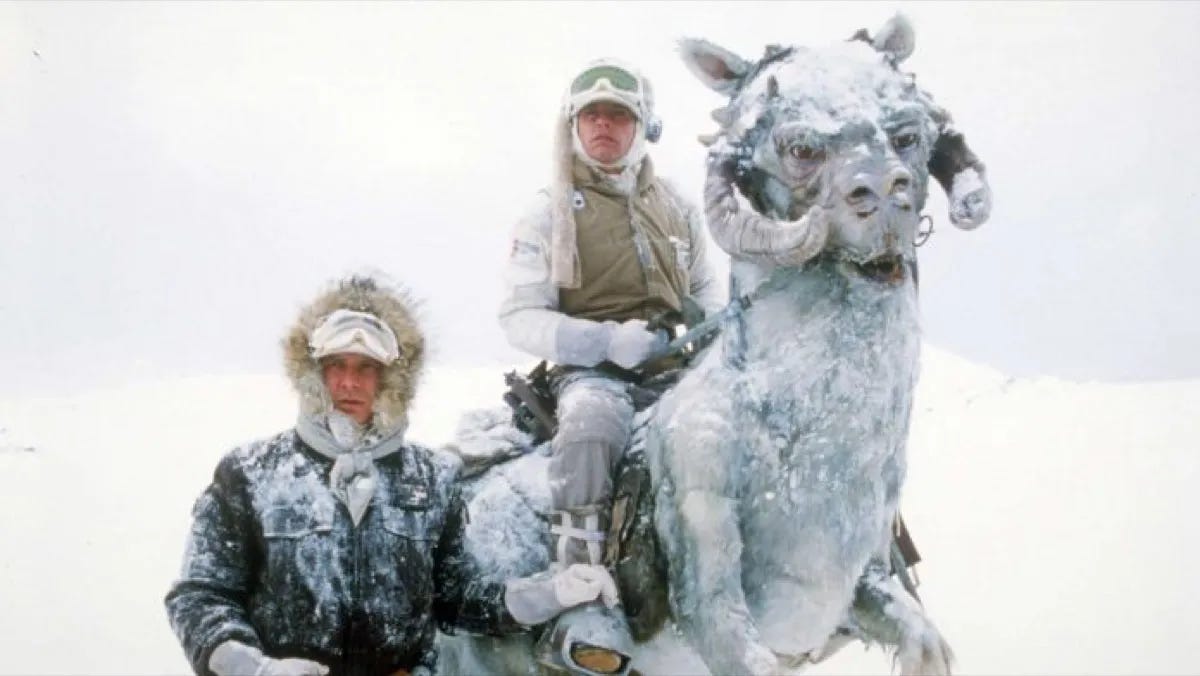 Han Solo and Luke Skywalker on the ice planet of Hoth in The Empire Strikes Back