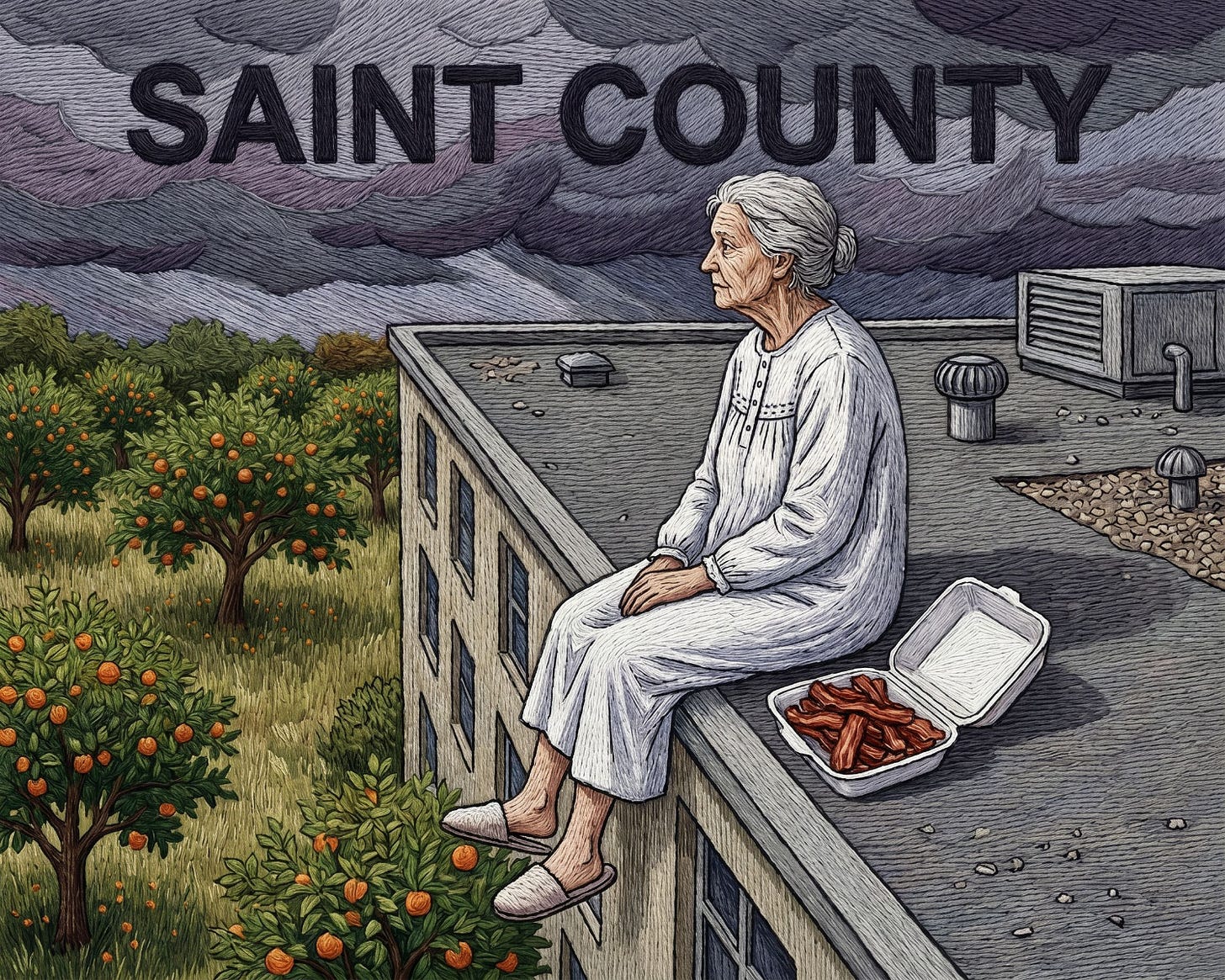 Elderly woman sits on the roof of a nursing home with a contain of bacon overlooking an apple tree orchard.