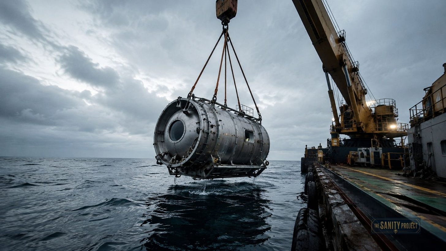 Underwater data center pod being lowered into the ocean by crane Underwater data center pod being lowered into the ocean by crane