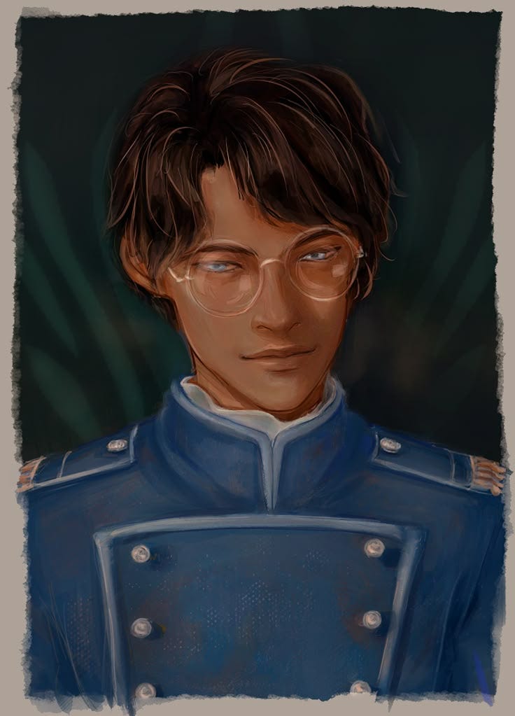 This may contain: a painting of a young man in uniform