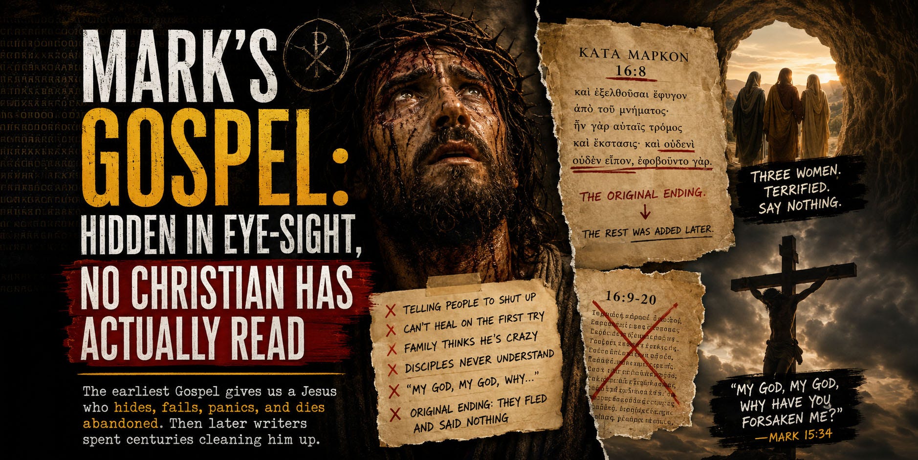 the Gospel of Mark, featuring a distressed and bloodied Jesus beneath a crown of thorns, ancient Greek manuscript fragments, and scenes of the empty tomb and crucifixion. Bold typography highlights controversial themes from Mark’s Gospel: secrecy, failed healing, terrified disciples, abandonment on the cross, and the disputed ending at Mark 16:8. the Gospel of Mark, featuring a distressed and bloodied Jesus beneath a crown of thorns, ancient Greek manuscript fragments, and scenes of the empty tomb and crucifixion. Bold typography highlights controversial themes from Mark’s Gospel: secrecy, failed healing, terrified disciples, abandonment on the cross, and the disputed ending at Mark 16:8.