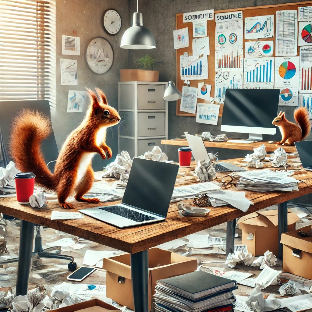 A chaotic startup office with papers and laptops everywhere, and a squirrel sitting on a desk
