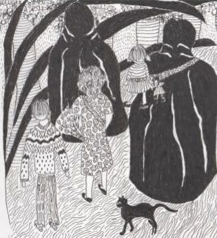 Image shows several people with their backs to the viewer, a black cat at their feet