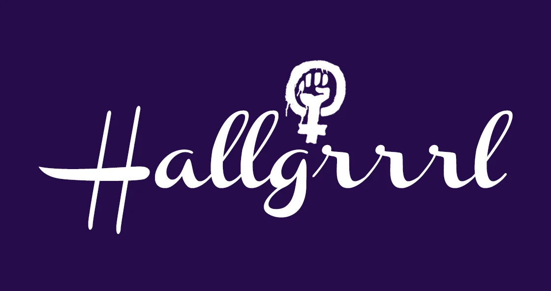 Hallmark logo transfrommed into a Riot Grrrl logo that says Hallgrrrl with a feminist icon in place of the crown.