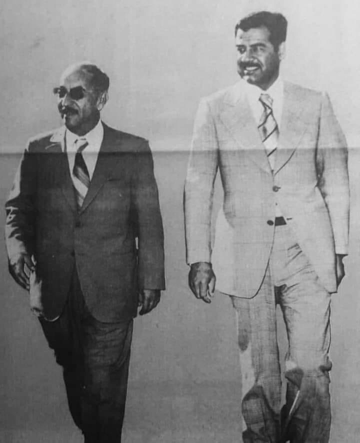 Iraqi President Ahmad Hassan al-Bakr with his ambitious young Vice-President and secret police chief, Saddam Hussein, in the early 1970s. Saddam steadily consolidated power, eventually overthrowing al-Bakr in 1979.