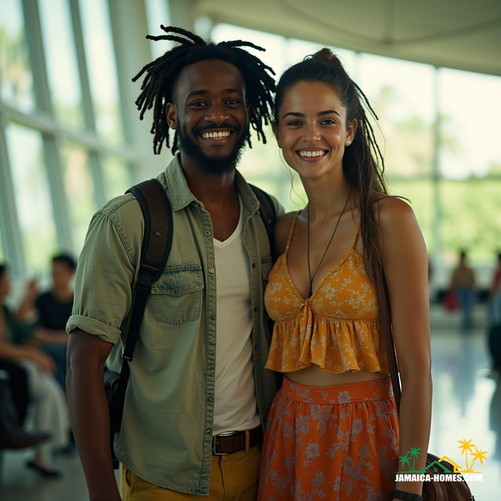 Couple arriving in Jamaica, capturing the joy and emotion of coming home.