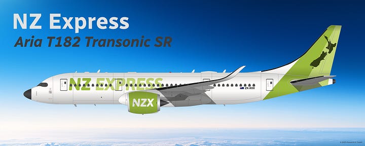 The latest additions to the NZ Express fleet, added in early 2026: (L) Aria T152 Transonic and (R) Aria T182 Transonic jetliners in livery of NZ Express, shown in side view while in midflight.
