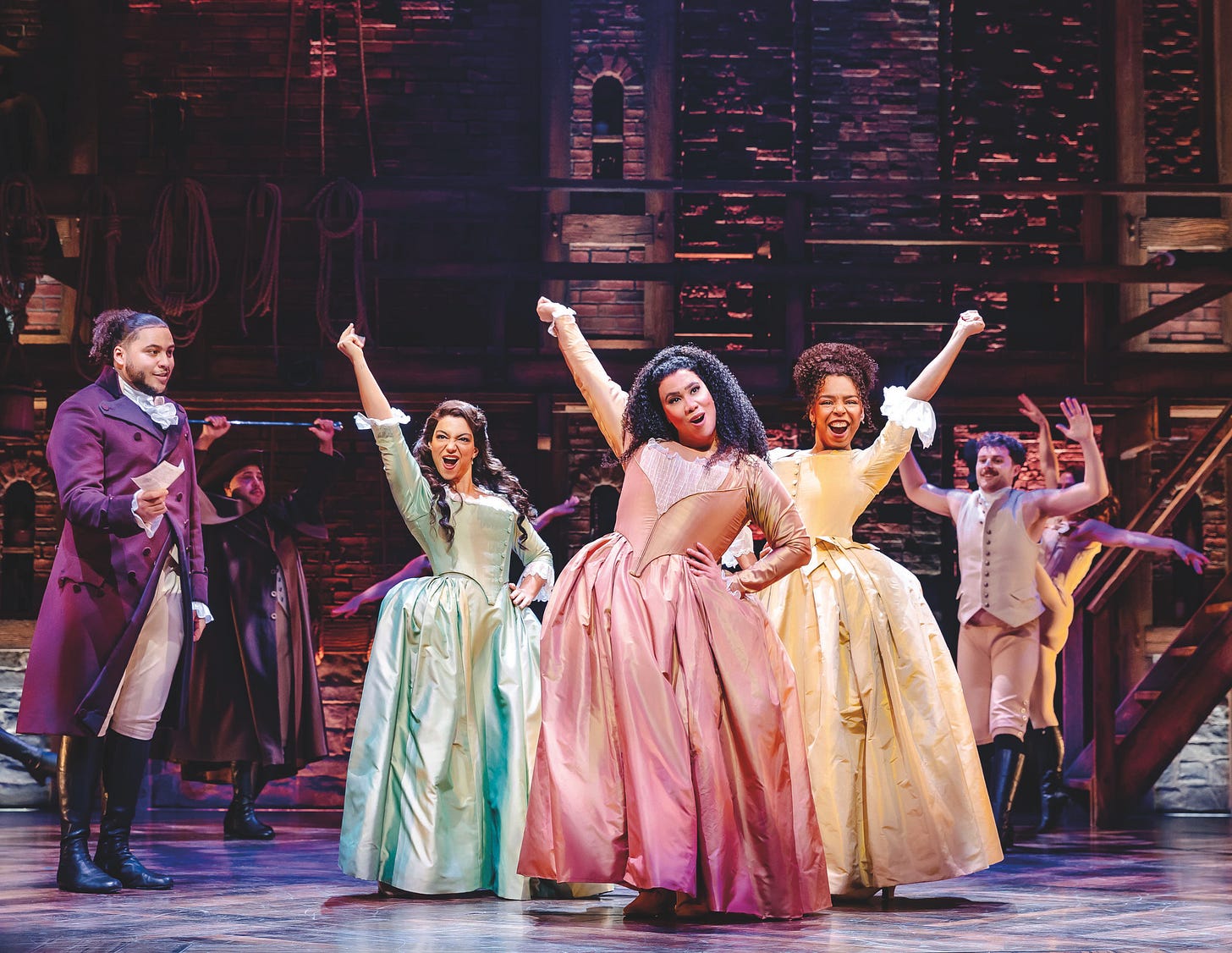 HAMILTON TOUR. Billy Nevers (Aaron Burr) Roshani Abbey, Chasity Crisp and Naomi Katiyo (Schuyler Sisters). Photo by Danny Kaan