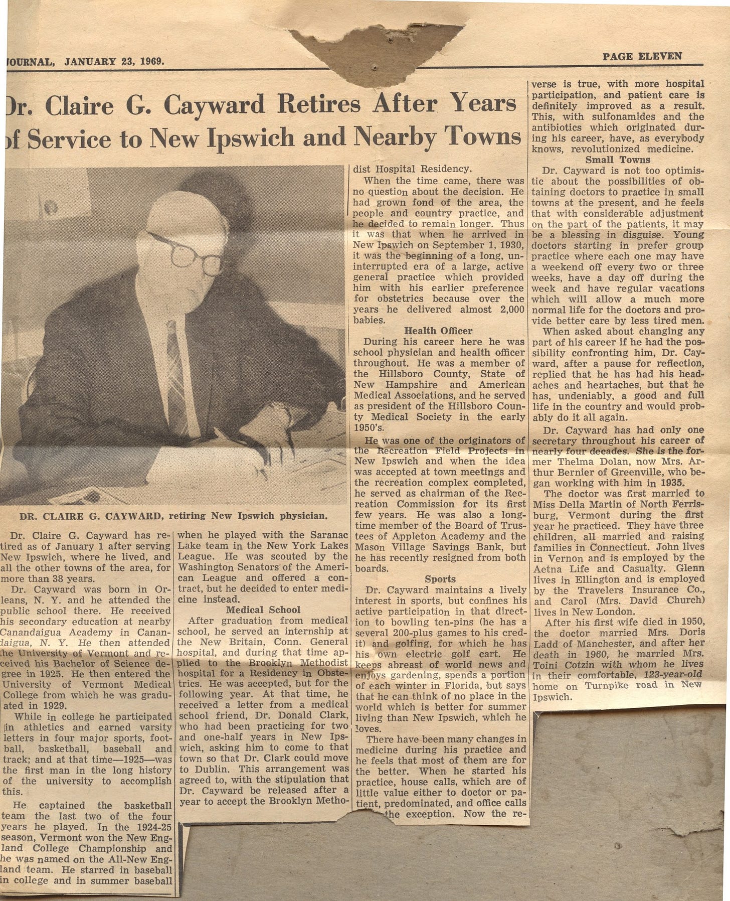 Newspaper article about Dr. Cayward
