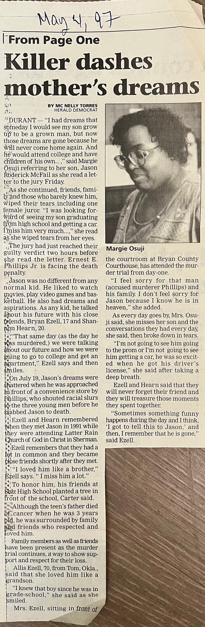Stories as published in the Herald Democrat in 1997 depicting the newspaper coverage of a death penalty trial in Durant, Oklahoma. (Mc Nelly Torres | Don't Forget My Voice)