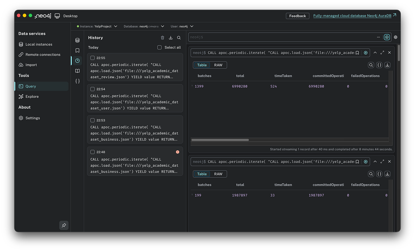 Neo4j result window showing the massive Review import completion with 6,990,280 committed operations.