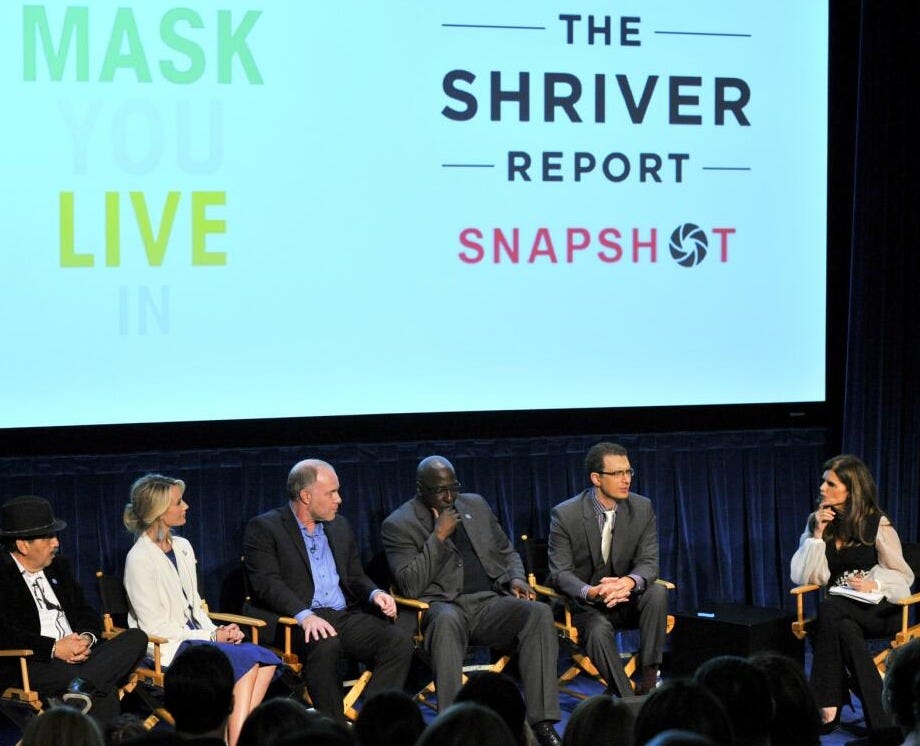 Jerry Tello, left, Jennifer Siebel Newsom, Jackson Katz, Tony Porter, Josh Levs and Maria Shriver participate in a panel discussion following the L.A. premiere of "The Mask You Live In" at the Paley Center.