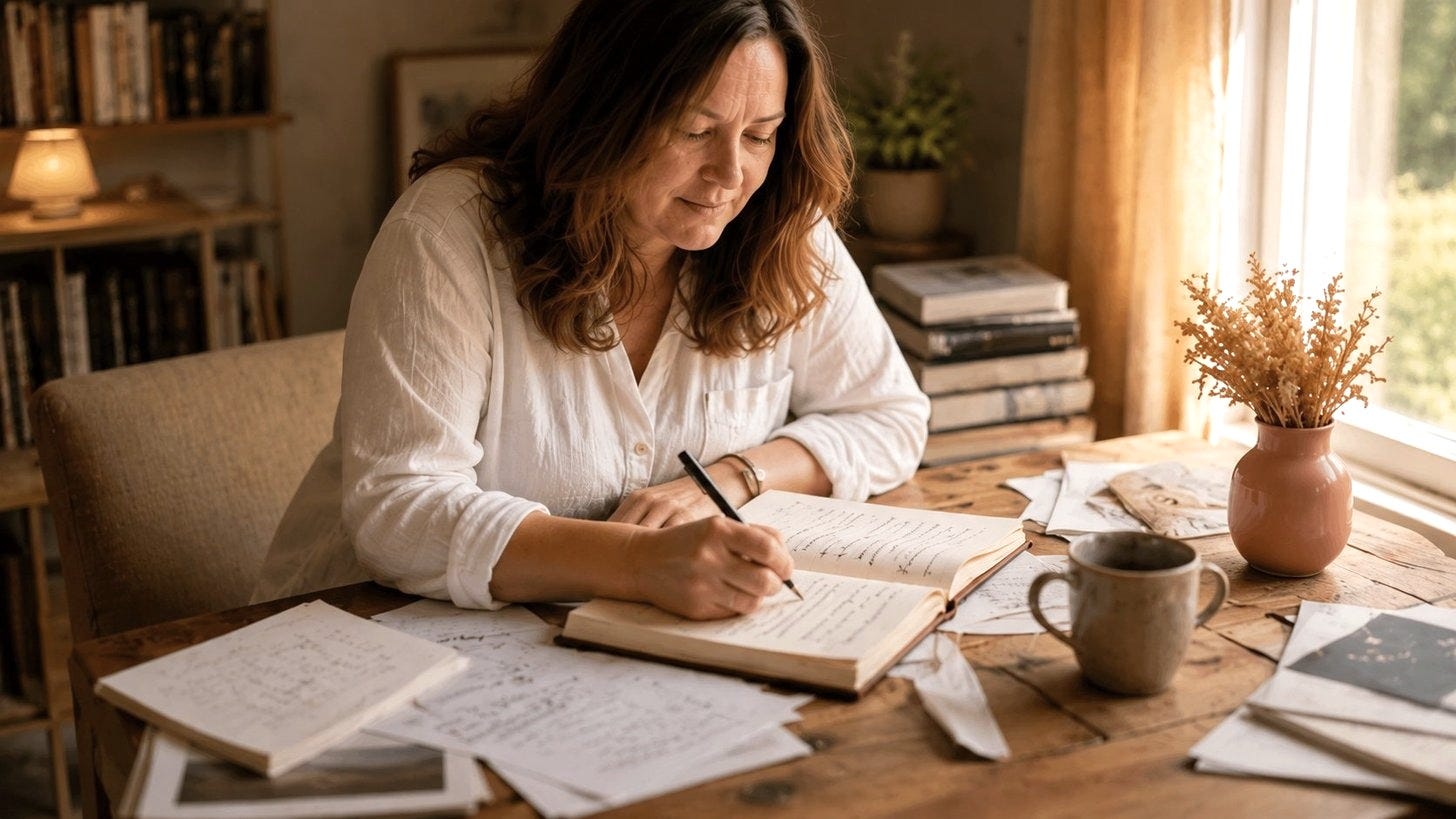 A woman sits at a warm wooden desk writing in an open notebook surrounded by handwritten notes and scattered papers, a cup of tea nearby, illustrating the act of gathering contacts and bringing order to scattered relationships.
