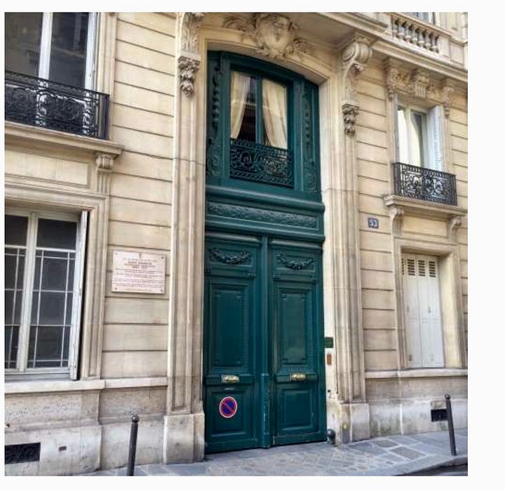 An English country house and the front door of a Paris house.