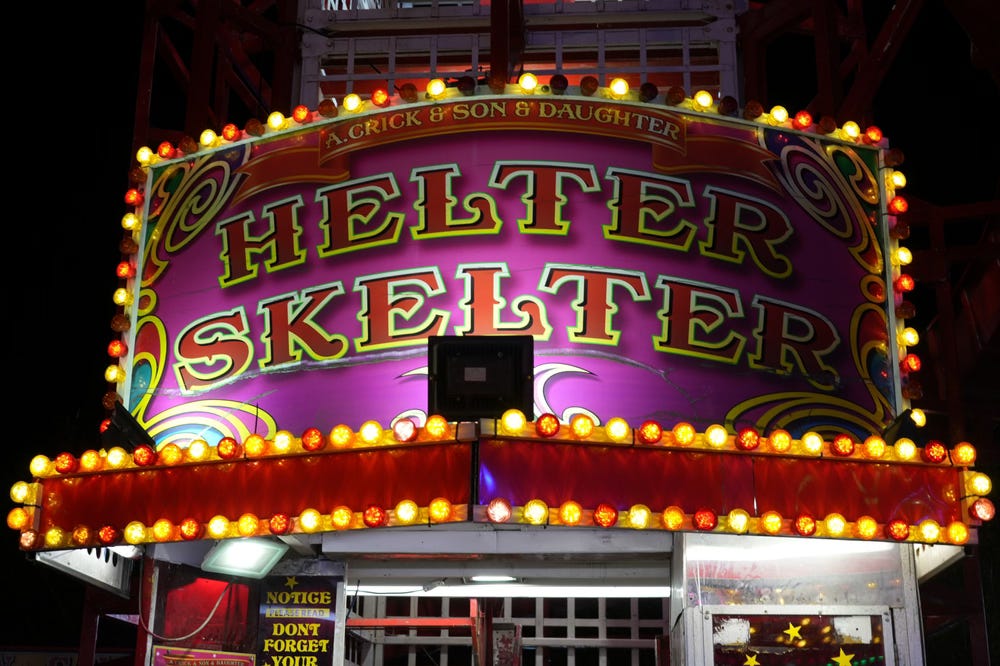 Helter Skelter with neon lights at Goose Fair, Nottingham, England 