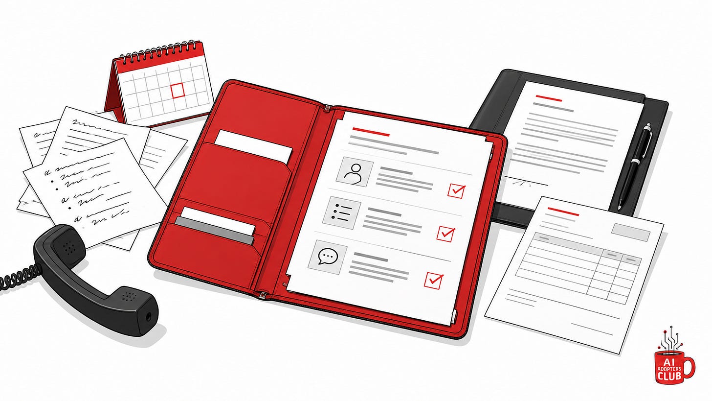 A red client portfolio with a checked call brief, proposal, invoice, calendar and telephone: the pieces of a small AI sales service.