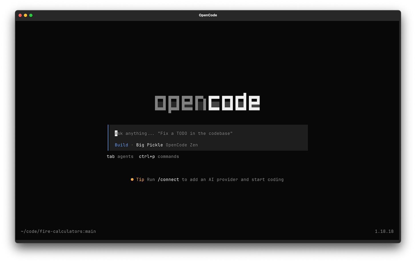 The OpenCode launch screen showing a prompt window The OpenCode launch screen showing a prompt window