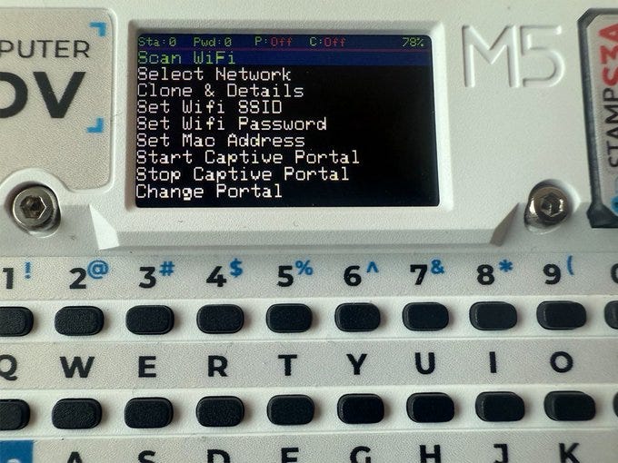 Device screen displays WiFi configuration interface with options including Select WiFi Details, Set WiFi SSID, Set WiFi Password, Start Captive Portal, and Change Portal. Screen shows keyboard layout below with letters and numbers. M5SOV branding visible on white background with blue accents.