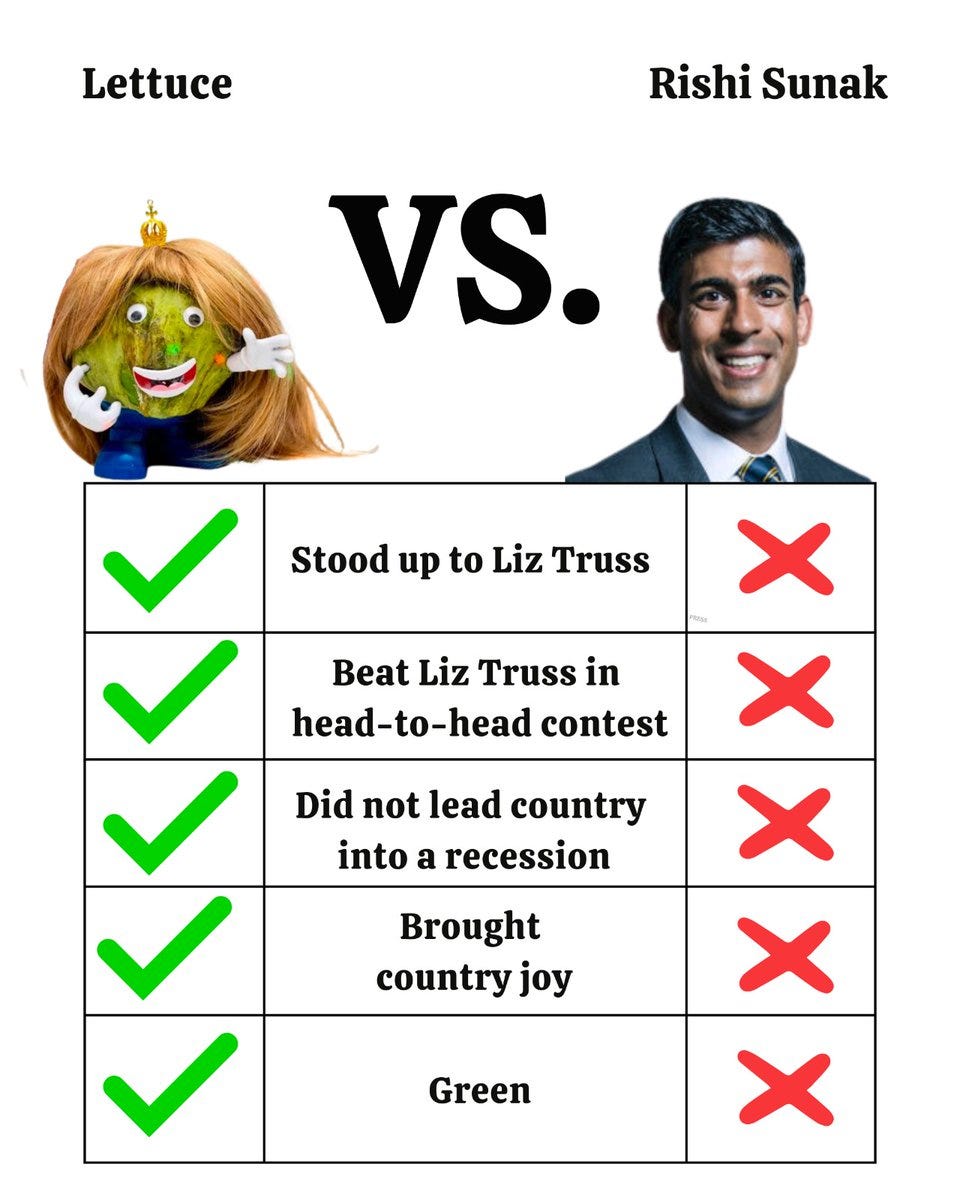 Lettuce vs Rishi Sunak
Lettuce stood up to Liz Truss 
Lettuce beat Liz Truss in head-to-head contest 
Lettuce did not lead country into a recession 
Lettuce brought country joy 
Lettuce green