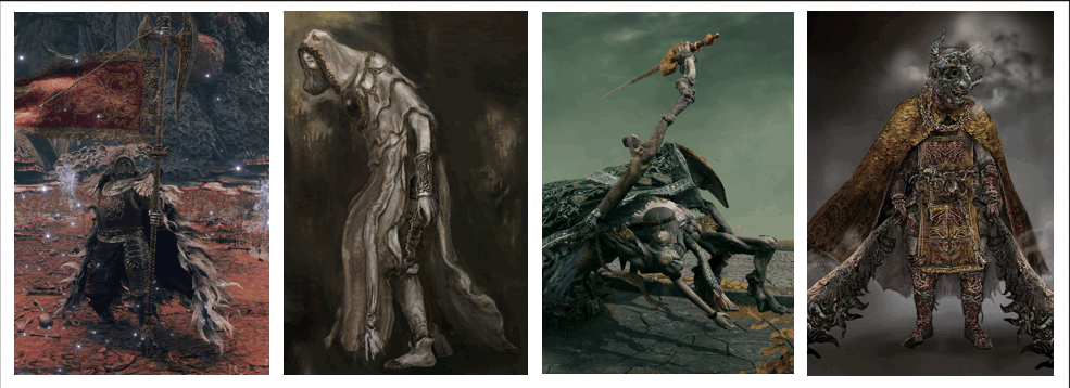 Left to right: Commander O'Neil, Godskin Noble, Grafted Scion, Omenkiller