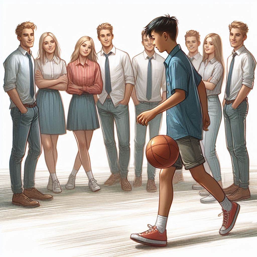 A half-asian teenager is running around with a ball, and is being ignored by the group of handsome white teenagers, a mixed group of boys and girls, who are standing in a circle talking. Slight impressionist style. A half-asian teenager is running around with a ball, and is being ignored by the group of handsome white teenagers, a mixed group of boys and girls, who are standing in a circle talking. Slight impressionist style.
