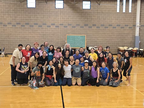 Glimpses: 1. HET + Searchlights BTS. 2. MBT Chicago bon odori. 3. HET at a post- Ginza fest break. 4. At Ginza festival with Masahiro Kawakami (tenugui craftsman). 5. kaDON krew. 6. Tawoo Taiko workshop in Chicago! 7. Teaching the awesome Teien no Taiko group of Rockford, IL. 8. Kaoly and Eri's kaDON intensive! 9. kaDON fam! 