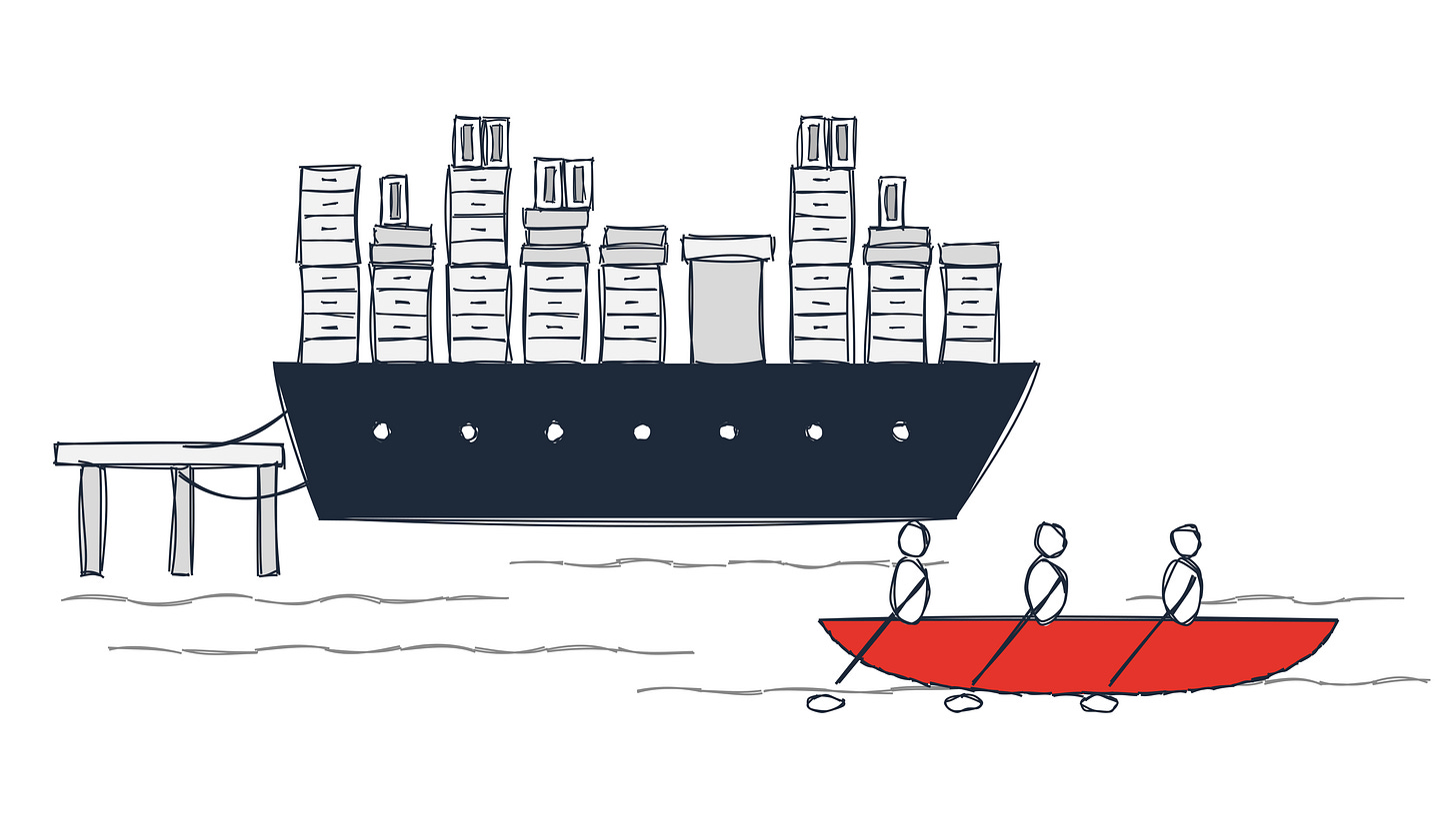 Hand-drawn sketch of a huge dark cargo ship moored at a pier, stacked high with filing cabinets and binders, while three stick figures row a small red boat past it on open water. Hand-drawn sketch of a huge dark cargo ship moored at a pier, stacked high with filing cabinets and binders, while three stick figures row a small red boat past it on open water.