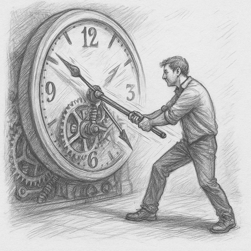 Man turning back the time on a clock