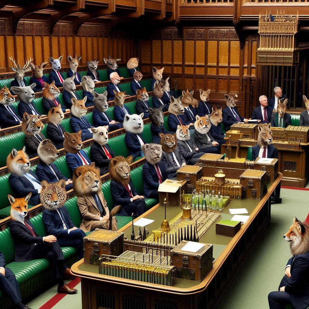 A few Members of Parliament in Britain sitting in the House of Commons all have heads of foxes