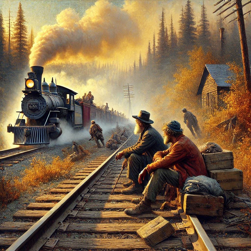 hobos riding the rails in the style of Albert Bierstadt