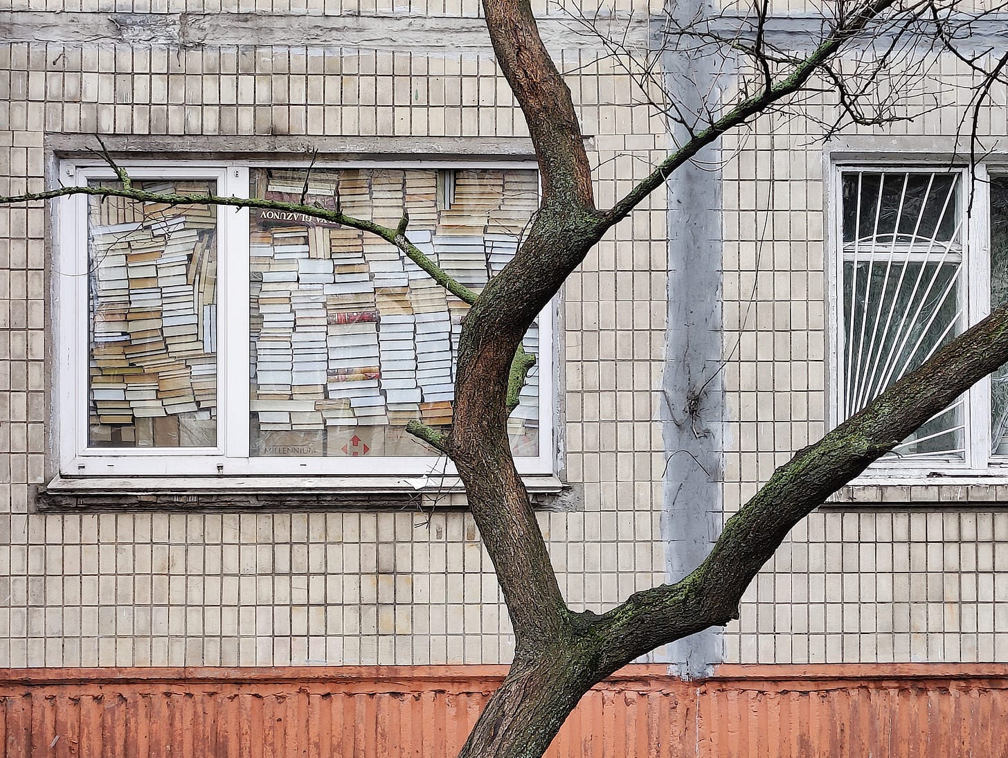 Habitante de Kiev protege los cristales de su ventana con libros frente a los bombardeos.