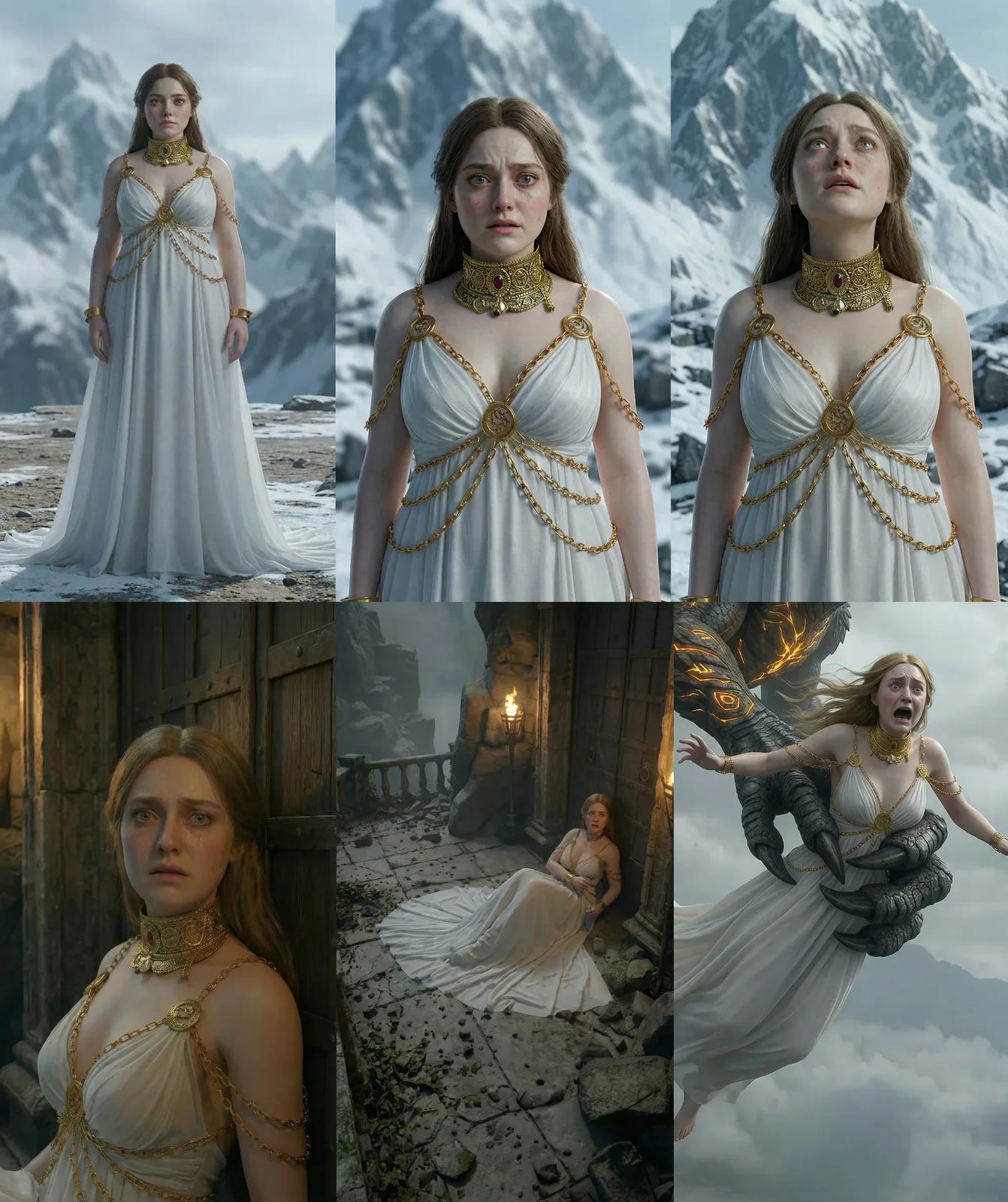 One character rendered consistently across six different scenes and emotional states