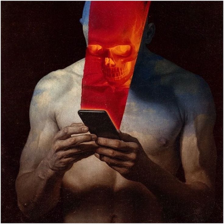 This may contain: a man holding a cell phone in front of his face with a skull on it