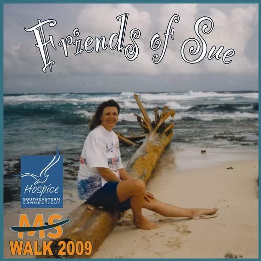 A series of photos of Vickie and her mother Sue. One is of Vickie as a baby and her mother sitting behind her on a couch, another is Sue with a black sweater and a purple scarf; a third is from an MS fundraiser and says "Friends of Sue" and features a photo of Sue in shorts and tee shirt at a beach in Aruba; and the fourth is of Vickie wearing a graduation cap and gown, smiling in a photo with her mother.